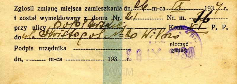 KKE 5750a.jpg - Dok. Potwierdzenie wymeldowania Mieczysława Awgula, Wilno, 26 IX 1934 r.